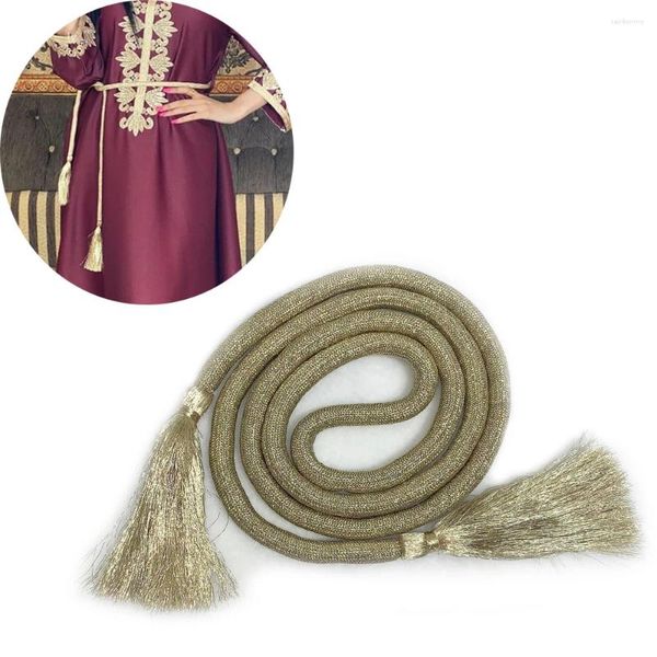 Cinturones 180 cm Cinturón de cintura con borlas de seda dorada Mujeres Musulmanas Decoradas Cuerda de cintura Faja para damas para vestido Abaya Accesorios de moda Dubai