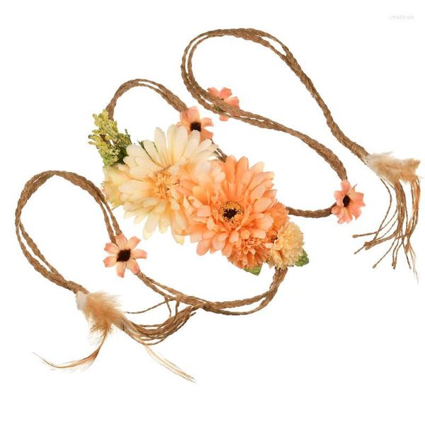 Ceintures 1 pièces ceinture chrysanthème Rose fleurs tricot lin plume Boho coloré ceinture femmes bord de mer plage vacances habiller accessoires