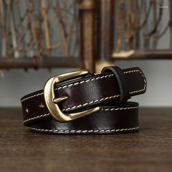 Cinturones Cinturón de cuero de estilo coreano de 2,4 cm de ancho para mujer Hebilla de latón Líneas de sutura doble Correa fina decorativa Jeans versátiles
