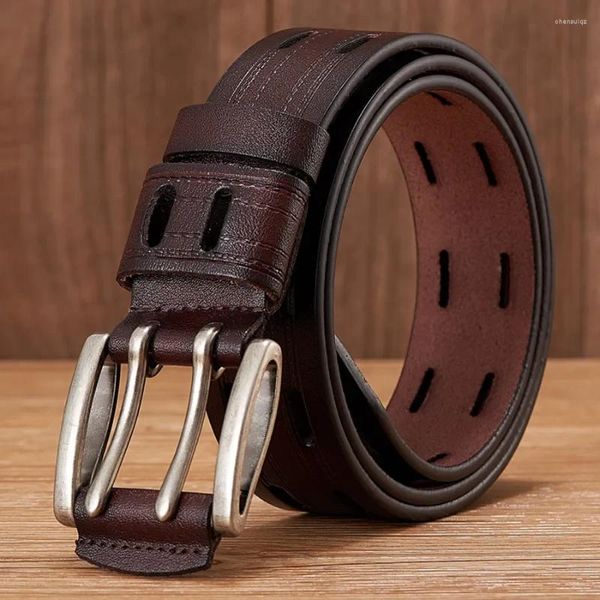 Ceintures en cuir véritable pour hommes, haute qualité, sangle de marque, boucle à Double broche, fantaisie, Vintage, Jeans, Cowboy Cintos, 2023