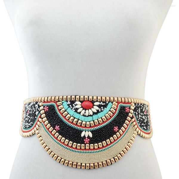 Ceintures 2023 rétro coloré perles femmes large ceinture mode élastique Cummerbund Corset mince ceinture pour femme décoration