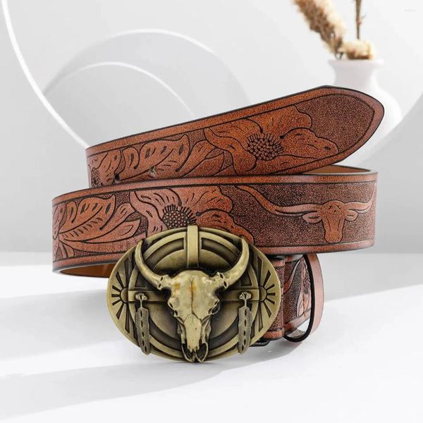 Cinturones 2024 Hombres Estilo de vaquero Celador de toro de cobre Hebilla de vaca Cuero de cuero Rodeo Bullfight Riding Cattle Wistand Accessories