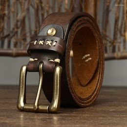 Cinturones Cinturón de cuero genuino de 3,8 cm para hombre, hebilla de Pin de diseñador Vintage, pretina de cuero de vaca de grano superior de alta calidad, correa de Jeans Casual