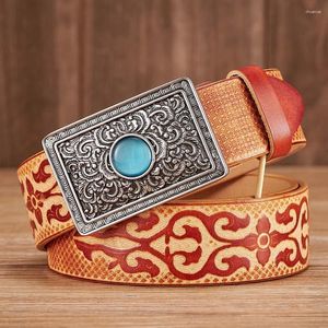 Riemen 3.8 cm mannelijke kwaliteitspatroon reliëf met echte koeienhuid echte lederen riem voor mannen gladde gesp gladde brede cowboy -band jeans