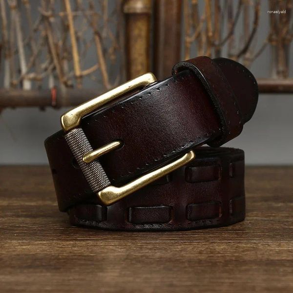 Ceintures 3.8cm hommes de haute qualité en cuir véritable ceinture de luxe en laiton boucle ardillon tresse pure peau de vache vintage sangle mâle jean pour homme