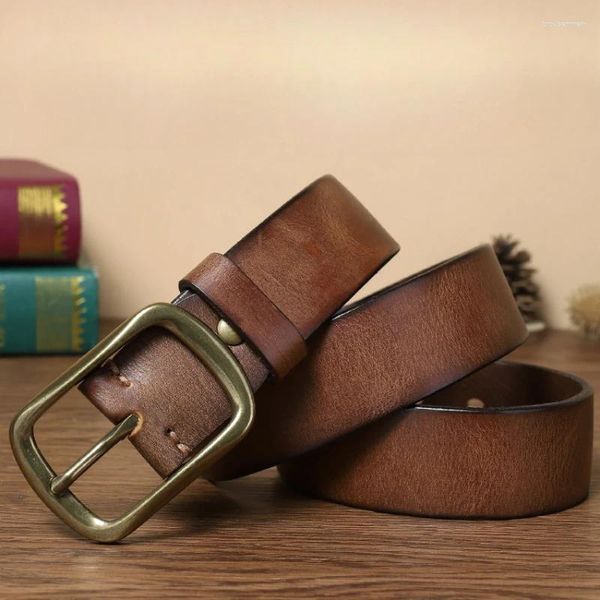 Cinturones Cinturón de cuero genuino para hombres de 3,8 cm, hebilla de latón desmontable de piel de vaca de primera capa frotada a mano para personas de mediana edad y jóvenes