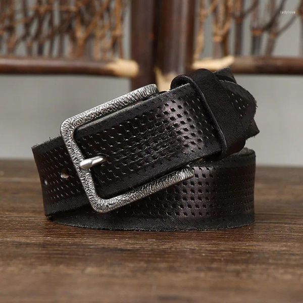 Cinturones 3,8 CM piel de vaca pura cuero genuino de alta calidad para hombres correa de marca hebilla de acero inoxidable masculino vaqueros Vintage de lujo vaquero