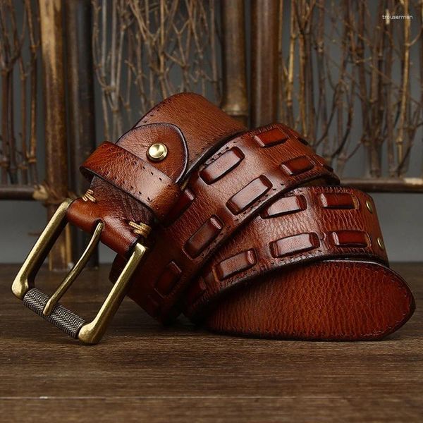 Ceintures 3.8cm véritable ceinture en cuir véritable hommes bracelet de luxe mâle tissage mode peau de vache sauvage cuivre boucle ardillon haute qualité jean