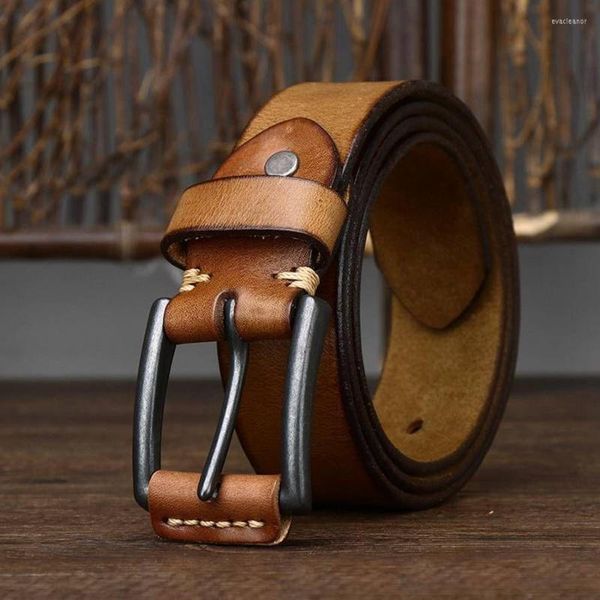 Ceintures 3.8CM Washed Vintage Old Leather Belt Men's Needle Buckle Layer Cowhine Simple Casual Denim