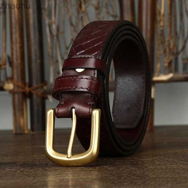 Ceintures de 3,8 cm de largeur de tissage ceinture de boucle cuivre concepteur de boucle en cuivre Cowskin authentique ceintures en cuir pour hommes mouches mâles tissées ceinture tressée pour jeans xw