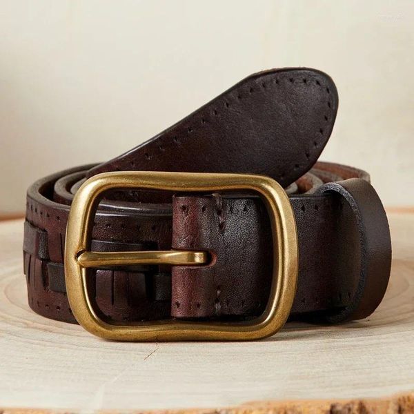 Cinturones Cinturón tejido de cuero genuino vintage de 3,8 cm para hombres con hebilla de latón