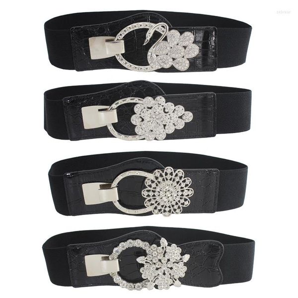 Cinturones 5cm Cinturón ancho elástico negro En forma de flor Par de tachuelas de diamantes Faja con hebilla Vestido de moda para mujer Cintura decorativa