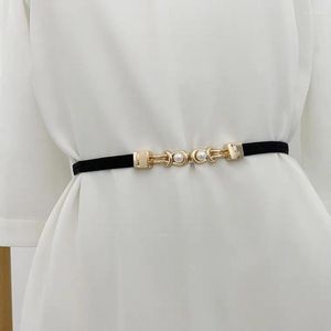 Belts Adjustable Elastic Dress Waist Belt Pearl Buckle Thin Waistband Fashion PU Leather For Women Clothing AccessoriesBelts Smal22