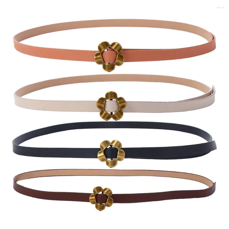 Bälten All-Match Fashion Candy Color Flower Head Elastic Pu Leather Slend Thin midjeband Bälte Jeans Buckle Women
