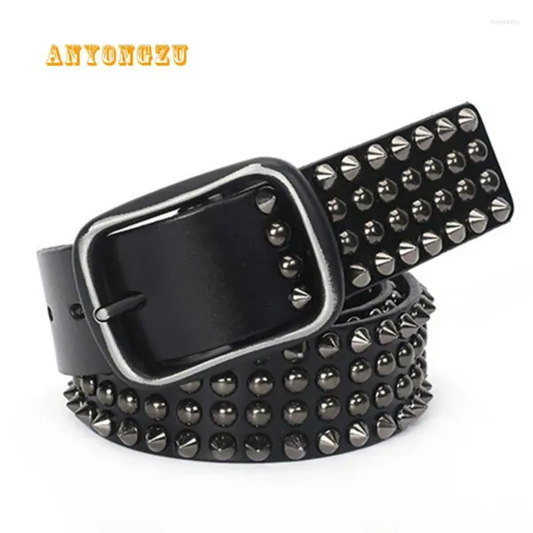 Ceintures Anyongzu Designer Marque Men Belt Rivet Real Cuir Pin Male Male Vache Vow Black Rock Luxury Punk Jeans 105-110-115-120-125