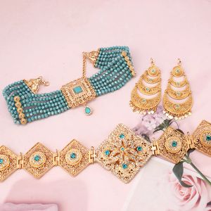 Riemen baby blauw kristal juwelen set gld vergulde lange ketting kaftan riemen marokko turkish bruids ketting set Bijoux de mariage dambo's