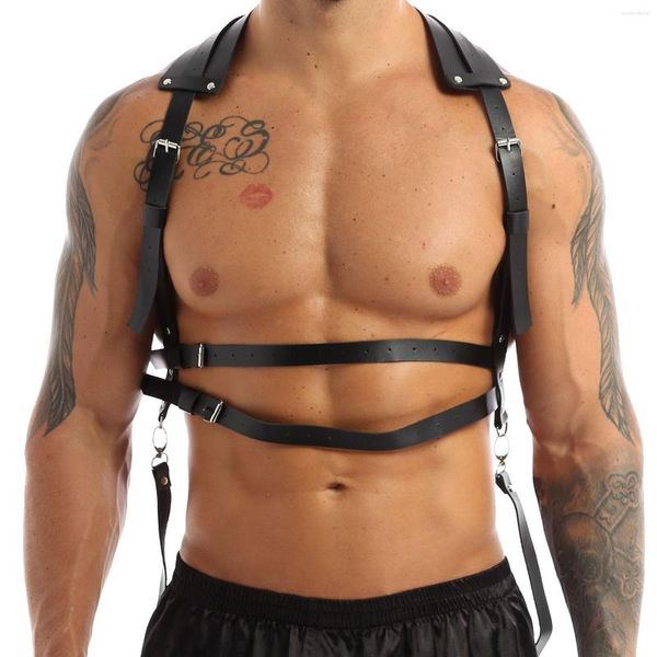 Cinturones Negro Moda Hombres Accesorios ajustables Cuerpo Hombro Pecho Cinturón Hebilla PU Arnés de cuero Punk Gótico Metal O-Ring Haler