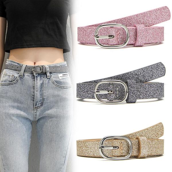 Cinturones ostentosos para mujeres y niñas, hebilla plateada brillante, cinturón de cuero Pu, accesorios para pantalones de lujo para mujer, cinturones de 1,8 cm de ancho