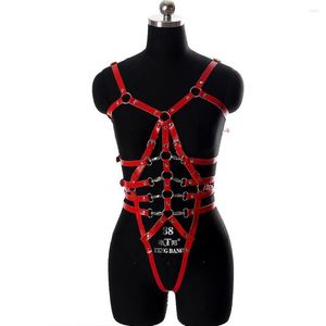 Cinturones Arnés para el cuerpo Sujetador Conjunto de cuero Lencería roja Ahueca hacia fuera Triángulo Marco Bondage Top Tallas grandes Goth Dance Rave Bustier