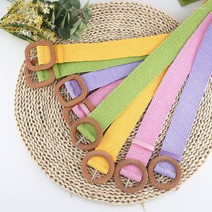 Ceintures Bohème Tressé Pour Les Femmes D'été Couleur Unie Ronde En Bois Boucle Tissé Corde DIY Stretch Cummerbund En Gros