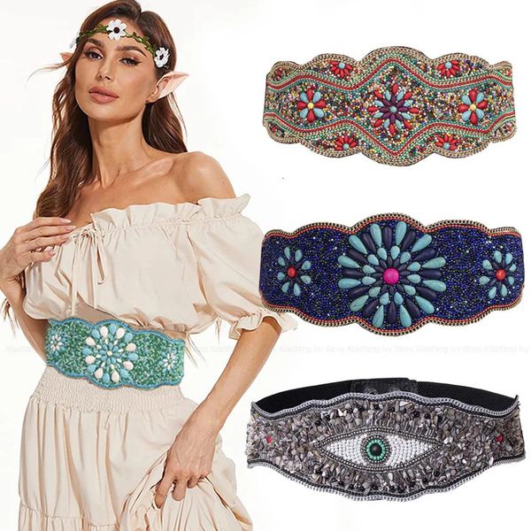 Ceintures Bohème Élastique Large Ceinture pour Femmes Turquoise Perles Designer Ethnique Corset Femme Manteau Robe Décorée Ceinture 231101