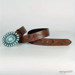 Ceintures Boho ovales Turquoise boucle ceintures Vintage marron gaufré en cuir PU ceinture classique ceinture occidentale pour femmes filles