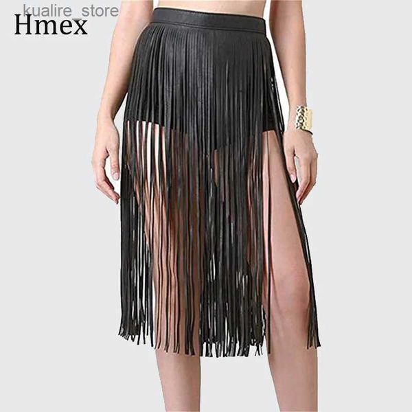 Ceintures Boho femmes Sexy gland jupes en cuir Punk gothique ceinture longue frange noir taille haute ceinture Club jupe de fête L240308