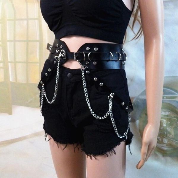 Cinturones Marca Gothic Punk Cinturón de cuero para mujer Rock Hip Hop con cadena de anillo Cintura de diamantes de imitación Cool Ins Luxury