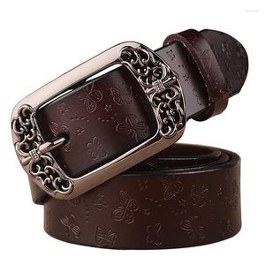 Riemen gesneden holle dames riem metalen pin buckle echte lederen vrouw jeans vintage merk ontwerp vlinder tailleband band