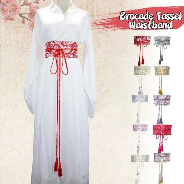 Ceintures Style chinois rétro large ceinture satin broderie glands robe Hanfu décor ceinture réglable japonais Kimono Obi Cosplay