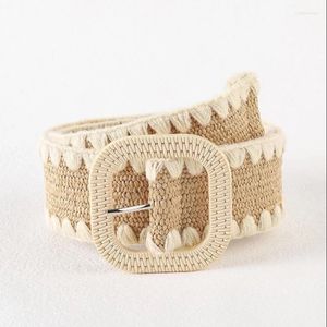 Ceintures CEINTURE EN PAILLE CONTRASTANTE Pour Femme Boucle Carrée Beige Deux Tons Été Vêtements Accessoires Boho Chic Gif