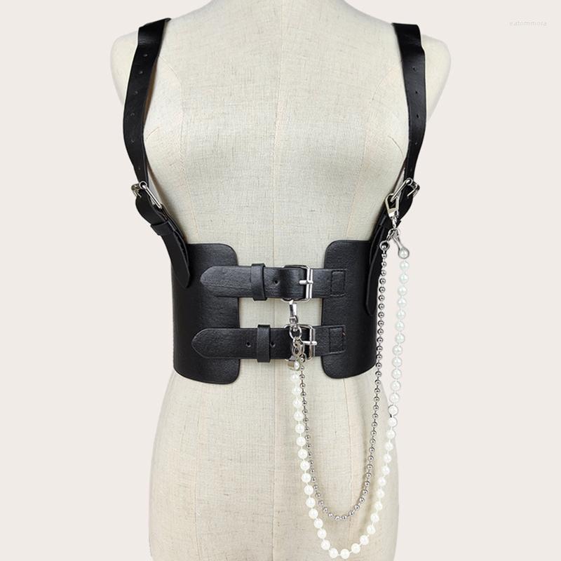 Belts Corset With Dangle Pearl Chain Cummerbunds Strap For Women Banquet Elastic Tight High Waist Slimming Body Belt