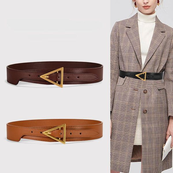 Ceintures ceintures en peau de vache pour pull fille mode en cuir véritable ceintures larges grand Triangle doré boucle ardillon manteau décorer