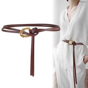 Cinturones Cinturones de piel de vaca para mujer Falda de cuero genuino de doble capa delgada Correa de nudo de moda Vestido largo y suave Cummerbund