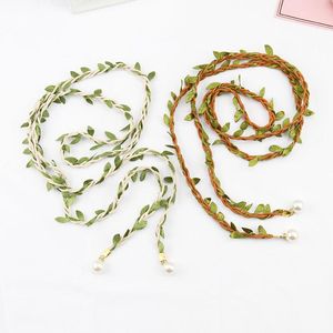 Riemen Creative Green Leaf Tassel Taille Keten Touw Big Pearl Women Girls Dunne riem Handgemaakt katoenen linnen gevlochten gevlochten