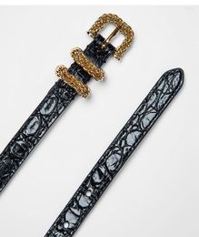 Ceintures Designer Handmade Gold Metal Twisted Cable Chain Buckle Crocodile Belt Retro Black Patent Real Genuine Leather Texture Waistband