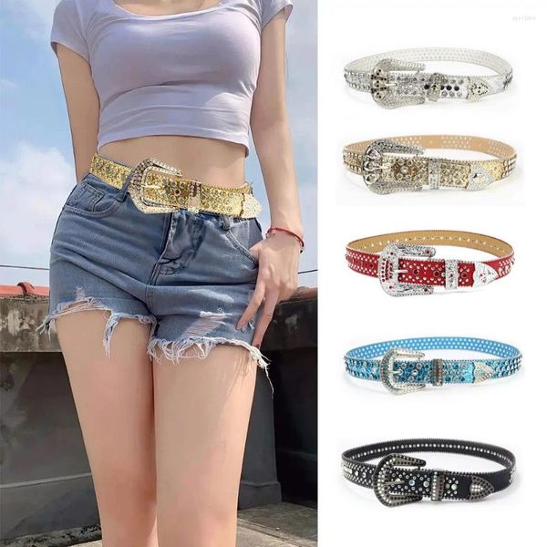 Ceintures Diamond-Set Ceinture Femme Design Italien Haute Qualité Pu Cuir Eau Diamant Acrylique Punk Perle Laque Pour Femmes