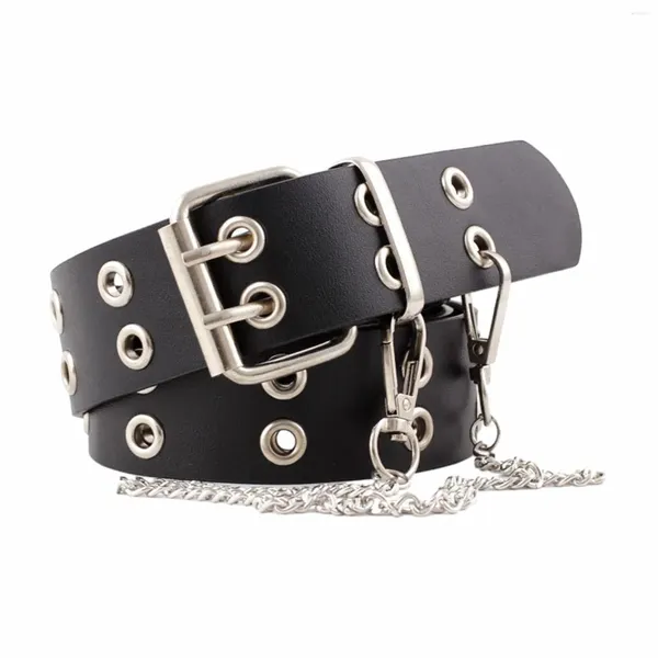 Ceintures Ceinture à double œillet avec 2 trous Rock Punk réglable en cuir PU chaîne à œillets pour Club Jeans Cosplay Party femmes