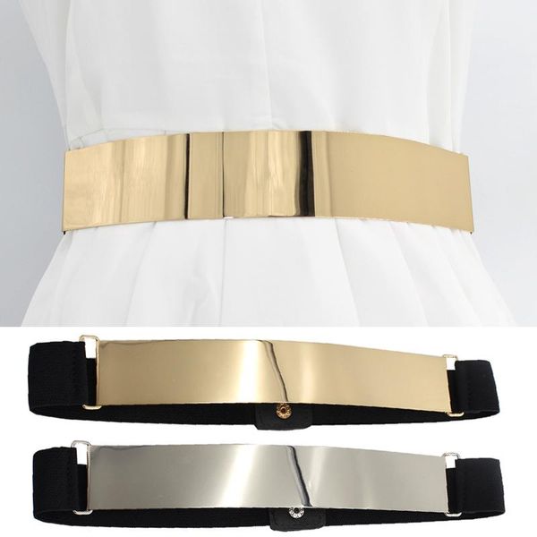 Ceintures taille élastique ceinture femmes large tôle miroir décoratif robe or argent couleur luxe ceinture ceintures