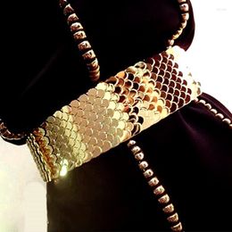 Cinturones de moda europea para mujer, faja ancha elástica de Metal con escamas de pez dorado para mujer, accesorios brillantes para fiesta en club nocturno, cinturón para la cintura
