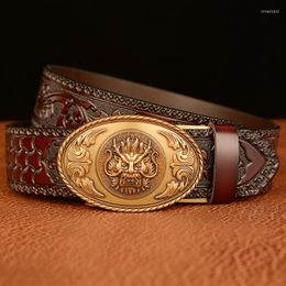 Belts Factory Outlet Modestijl Echte lederen mannelijke riemhoofdontwerper Buckle Tang Gras Patroon Cowskin Men Tailleband