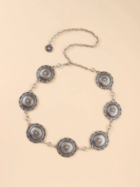 Cinturones Moda Aleación de plata antigua Círculo floral occidental Conchos Cinturón de cadena para mujer 231017