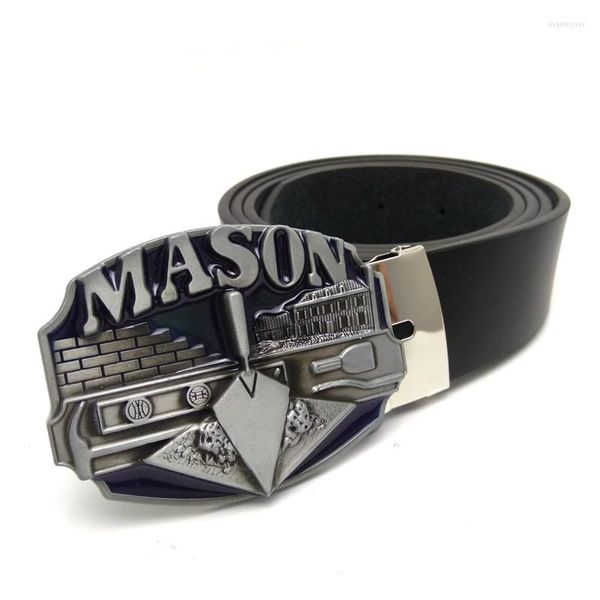 Ceintures Fashion Cool Mens Mason Big Metal Belt Buckle Masonic 130 cm Black Pu Leather For Men Jeans Pantal