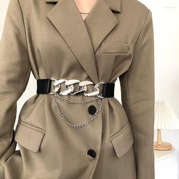 Cinturones Moda Cinturón de cadena elástico Cintura de metal plateado para mujeres Abrigo elástico de alta calidad Ketting Riem Cintura