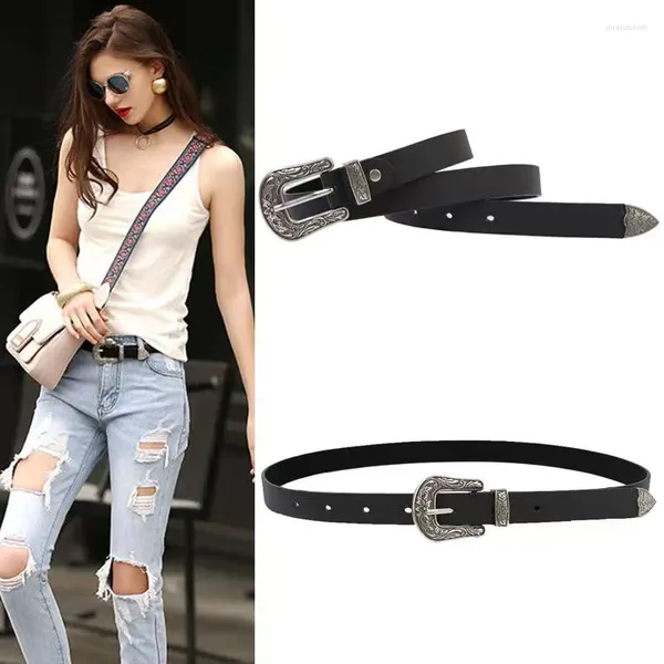 Ceintures fashion dames premium pU ceinture vintage argent boucle argentée sculptée simple tout jeans jeans accessoire femmes