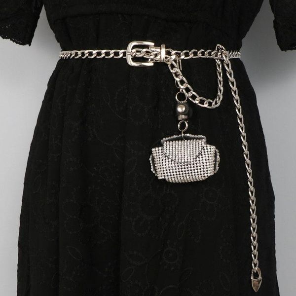 Cinturones de moda para mujer, vestido Punk decorado con diamantes de imitación, minibolsa colgante, bolso de cintura, cadena para mujer, marca de diseñador de lujo