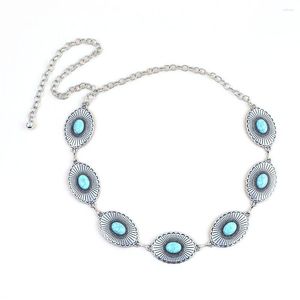 Ceintures Conchos en alliage de zinc ovale de mode avec ceinture de chaîne de décor turquoise pour les femmes