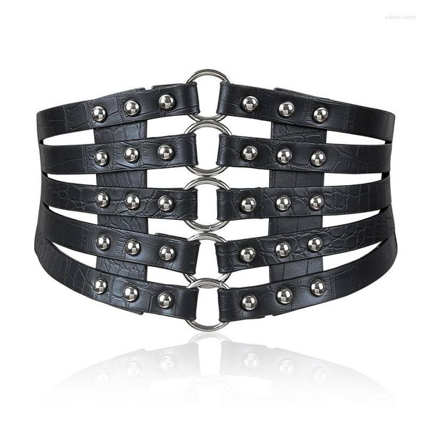 Cinturones Moda Self Tie Cinturón ancho Elástico Delgado Corsé Body Shaper Negro Faux Leather Retro Punk Rivet Cintura Cummerbund