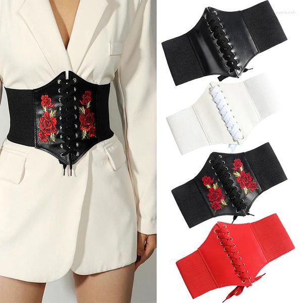 Ceintures mode corsets sexy rose brodée large pour les femmes filles couleurs solides pu cuir minceur de corps élastique élastique