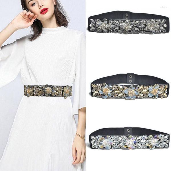 Cinturones de moda Super Shine Black Rhinestone Lady Belt Bling Crystal Flower Mujeres Elástico Ceinture femenino para el vestido